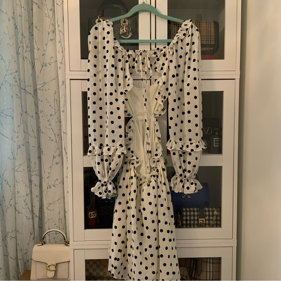 Dee Elly Mini Polkadot Dress Ruffles Long Sleeves Open Back Black Ivory Size S - Picture 5 of 7